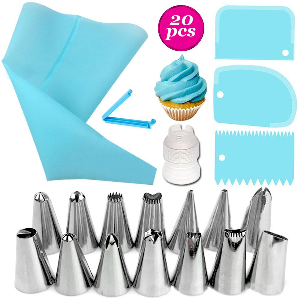 Juego de 20 unidades de boquillas para manga pastelera, bolso de hojaldre de silicona, Kit de herramientas de decoración de tartas, accesorios de cocina reutilizables para manga pastelera DIY: A