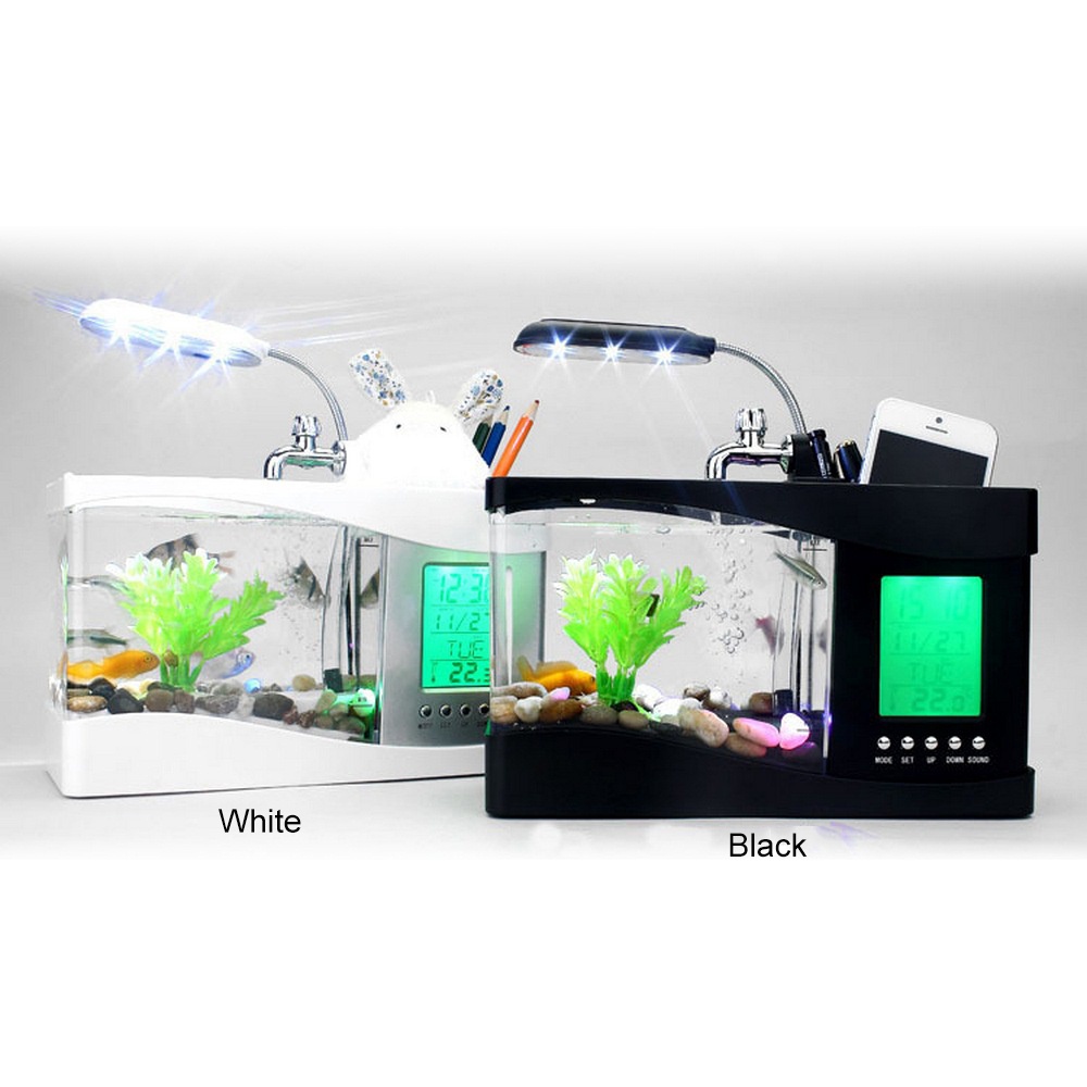 Mini Aquarium Aquarium met LED Lamp Licht Pen Houder USB Aquarium Betta Vis Tanks Lcd-scherm en Klok aquario