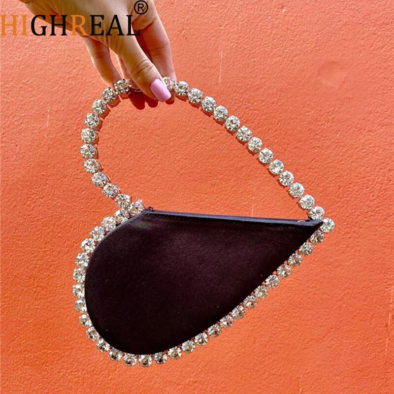 Bolso de mano de noche con diamantes de corazón rojo para mujer, con diamantes de imitación, , con asa de Metal, negro, para de boda,