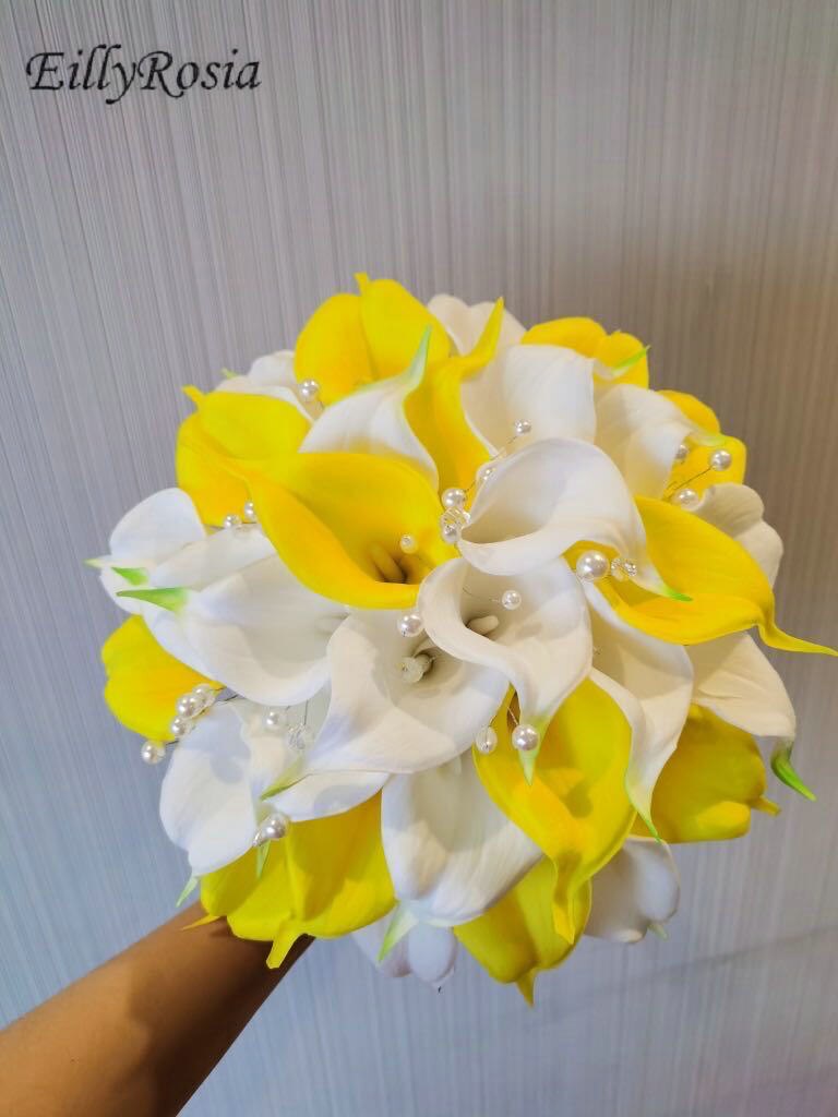 EillyRosia White Yellow Cala Lily Wedding Bridal Bouquet Wedding Flowers Pearls Rhinestones Beautiful Bridesmaid Bouquet Bride