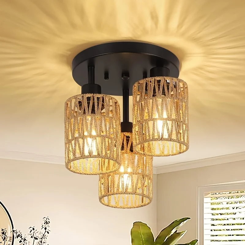 Loftlampe i rattan, pendellampe i boho-stil med rattanskærm, vintage, rustik hængelampe i bambus, stue, miljøvenlig lampe: Gul