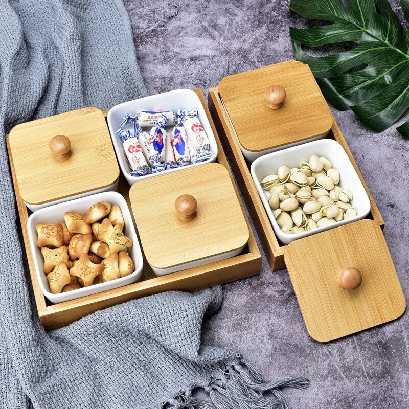 Keramische Bamboe Droog Fruit Dessert Lade Multi Grid Thuis Keuken Voedsel Plaat Snack Opbergvak Snoep Organizer Decor Portie Schotel