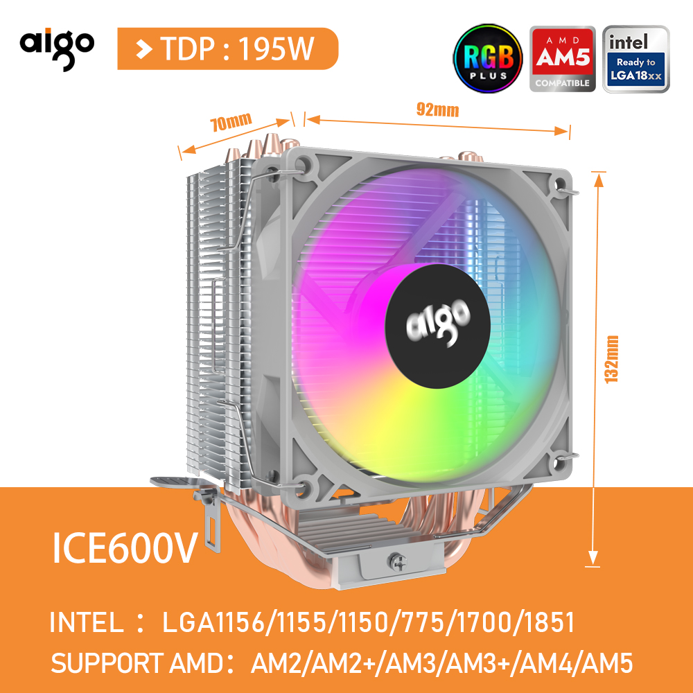 Aigo CPU Cooler 2 4 6 tubos de calor PC refrigeración del radiador 3PIN PWM ventilador Rgb silencioso para Intel 1700 1150 1155 1156 1366 AM2/AM3/AM4 AMD: Gris