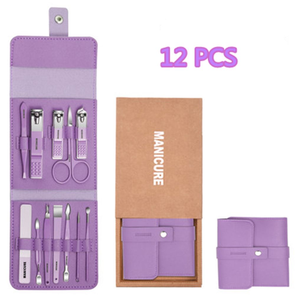 12-16pcs/set Nail Cutter Set Stainless Steel Nail Clippers Set With Folding Bag Manicure Cutter Kits Scissors Makeup Beauty Tool: 12pcs purple