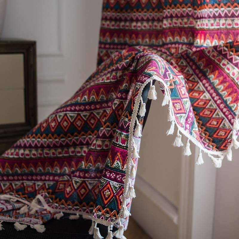 Boho Ethnic Curtains For Living Room Bedroom French Window Bay Window Screen Cotton Linen Tassel Curtain Cortinas para la sala