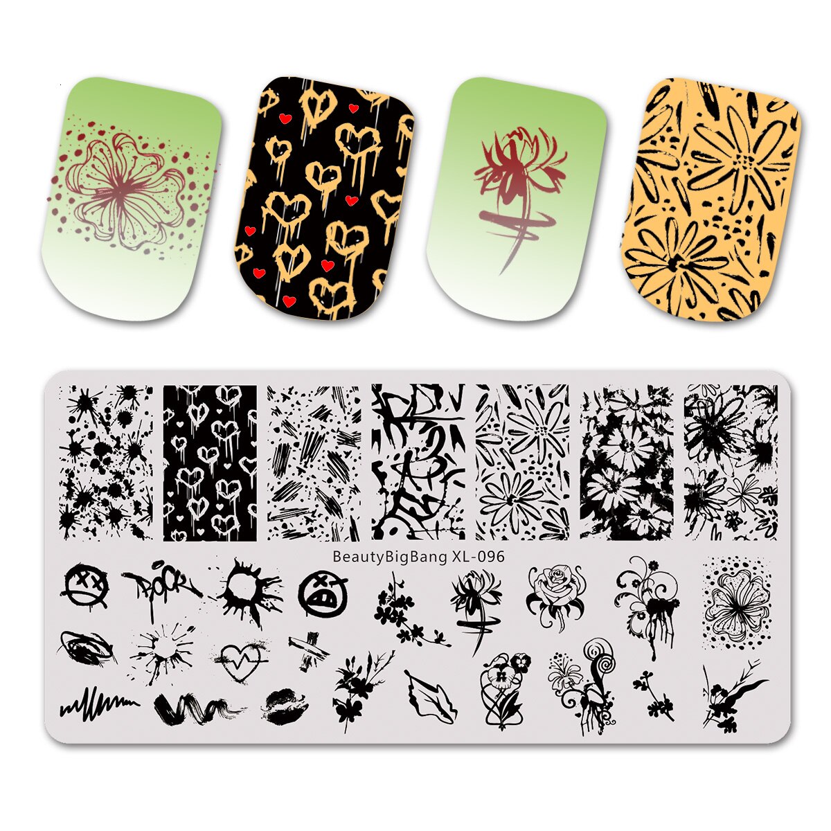 BEAUTYBIGBANG-placas de estampado para manicura Floral, plantillas rectangulares de flores y plantas de línea a rayas, con temática Floral, DIY, herramientas para uñas, 6x12cm