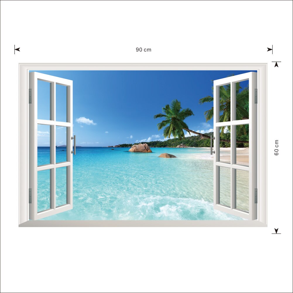 3D View Window Summer Beach Wall Stickers For Living Room Bedroom Decoration Home Decals PVC Scenery Mural Art Landscape Poster