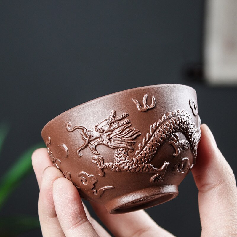 Yixing-tazas de té de arcilla púrpura de dragón tallado a mano, taza maestra china, suministros para beber para el hogar, 4 piezas