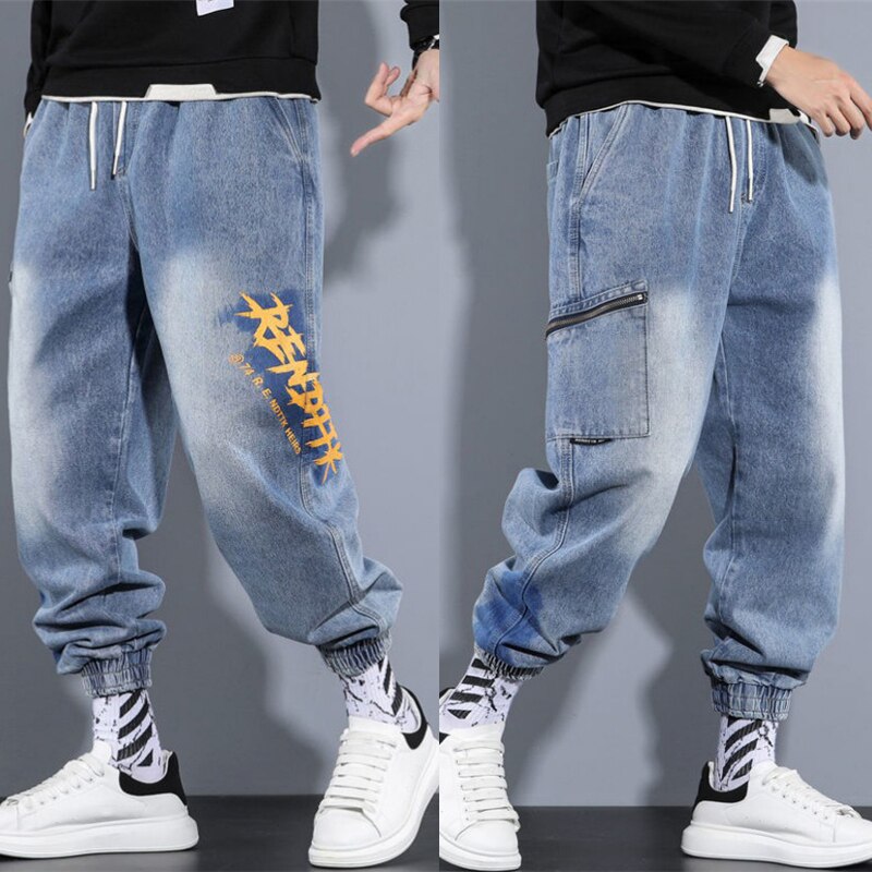 Spring Harem Pants Men Loose Straight Jeans Elastic Waist Baggy Trouser Hip Hop Style Trendy Jeans Plus Size