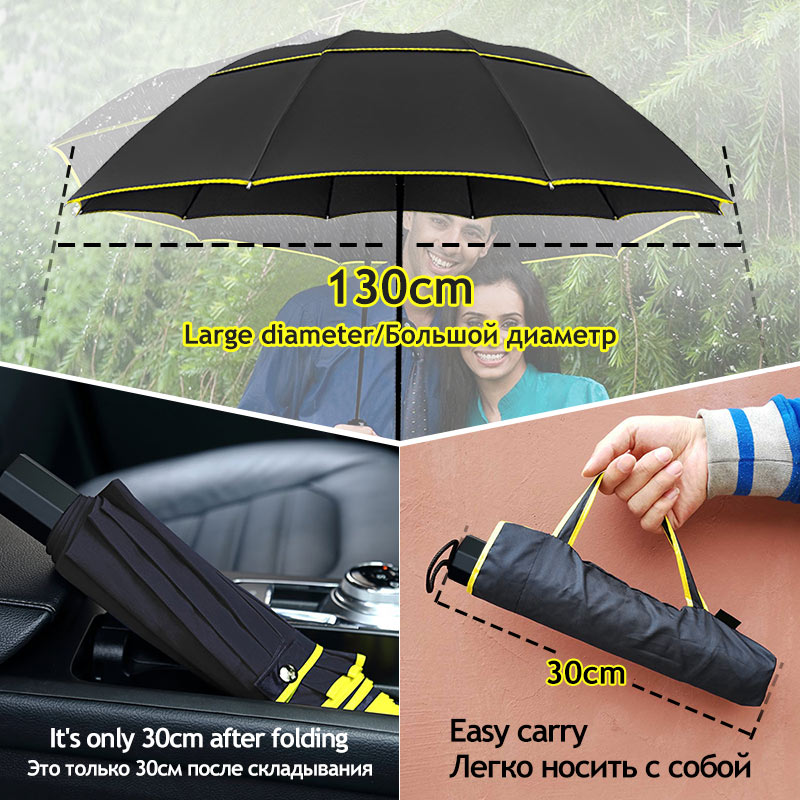 Paraguas para hombre y mujer, sombrilla resistente a la lluvia, al sol y al viento de gran tamaño, accesorio plegable de , 3 pliegues, 130cm