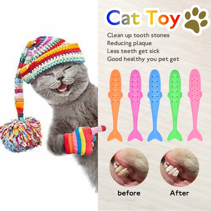 Cepillo de dientes en forma de pez gato, palillo Molar ecológico de silicona para mascotas, juguete limpiador de dientes, juguete interactivo para gatos, mordedor suave de menta