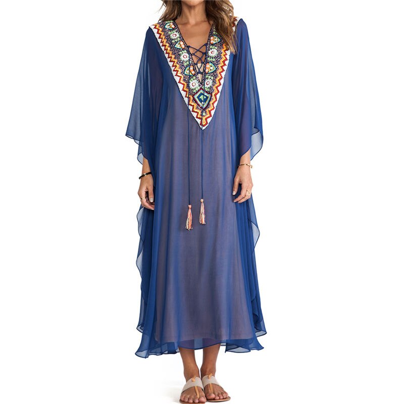 Plus size blauwe geborduurde zomer strandkleding chiffon kaftan strand vrouw tuniek badjurk badjas strand badkleding cover-up  #q975: Default Title