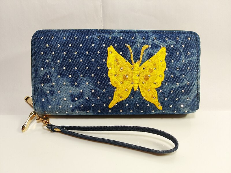 Phone Purse Women Wallets Denim Big Female Brand Retro Ladies Long Woman Wallets Card Clutch Double Zipper ladies wallet Diamond: Butterfly Wallet 7