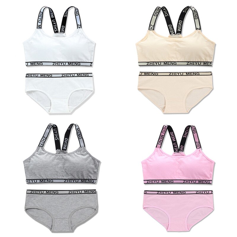 4Sets/lot Teen Girls Underwear Soft Padded Cotton Letter Print Bra Set for Young Girls for Yoga Sports 8-14years