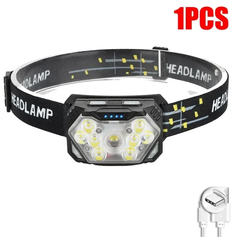 9 led stærk lyspandelampe usb genopladelig bevægelsessensor pandelampe bærbar fiskeri camping udendørs pandelampe arbejdslommelygte: Blå