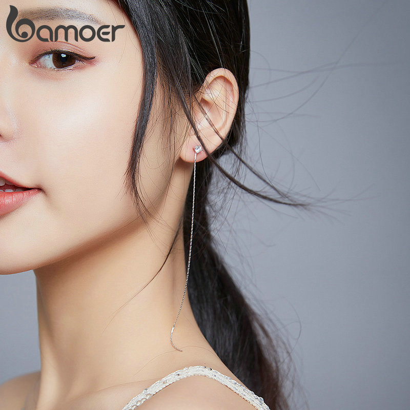 bamoer Long Chain Earrings for Women 925 Sterling Silver Clear CZ Fine Jewelry Bijoux Pendientes BSE380