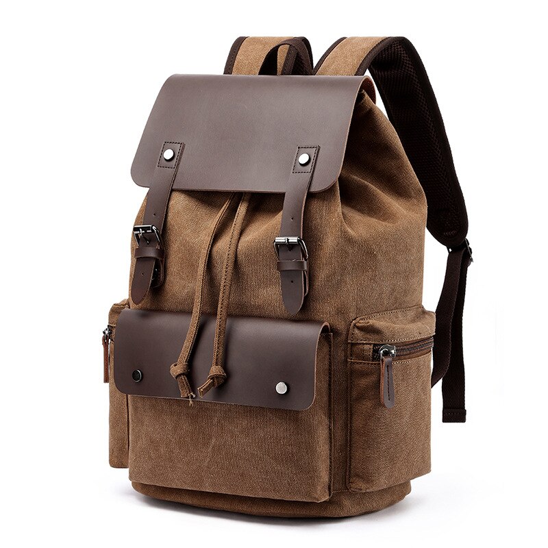 Canvas-rucksack für herren, großes fassungsvermögen, geeignet für laptops bis 17 zoll, kordelzug, lederhülle, reiserucksack, schulrucksack: Kaffee