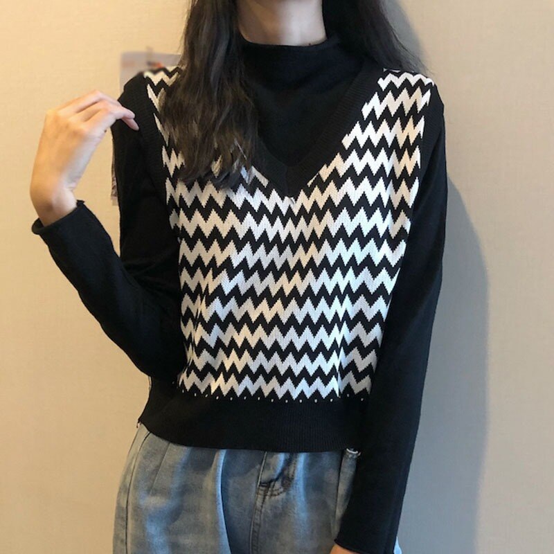 Korean Loose Knitted Sweater Vest Women Retro V-neck Sleeveless Sweater Vests Bottoming Tops