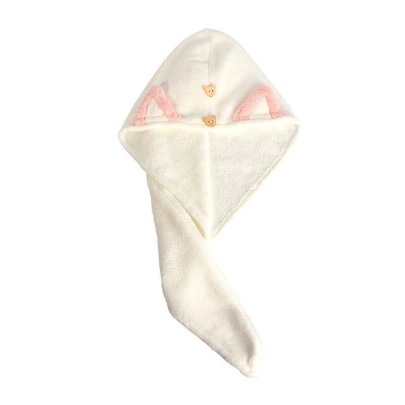 Quick Dry Hair Towels Women And Child Cute Cat Ear Super Absorption Thicker Microfiber Turban Towels With Bear Buttons: Adult White