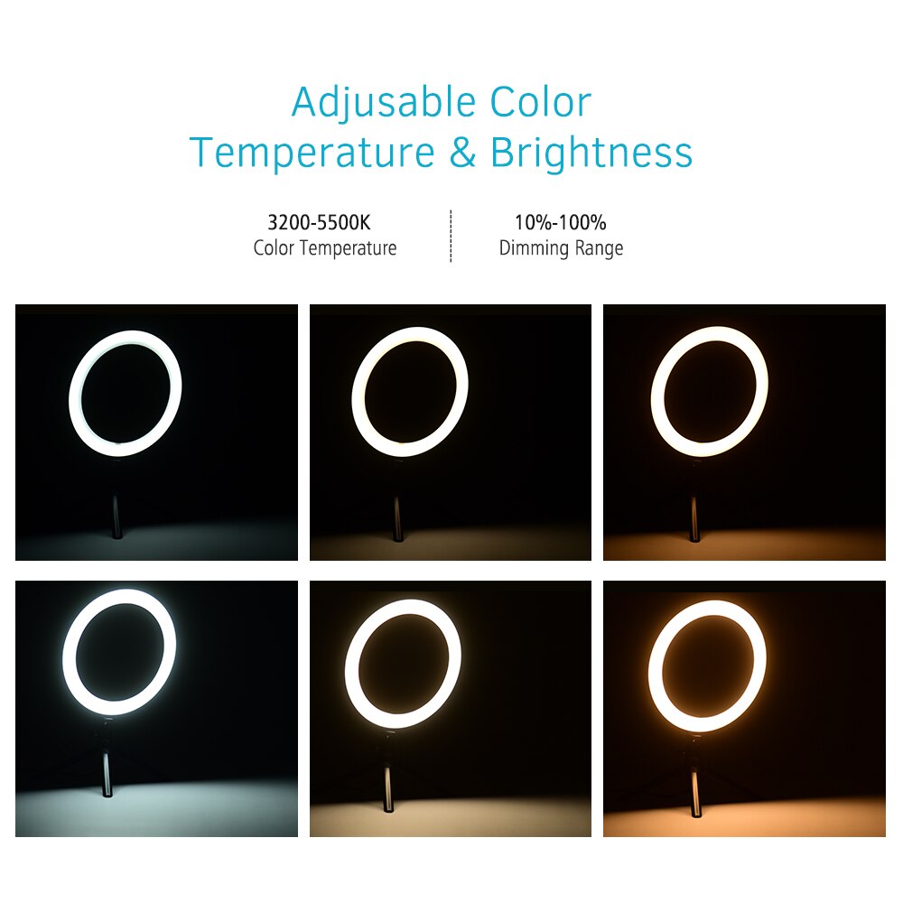 8 inch desktop led ringlamp 3200k-5500k dimbaar 3 lichtstanden 10 helderheidsniveaus met mini statief kogelkopadapter