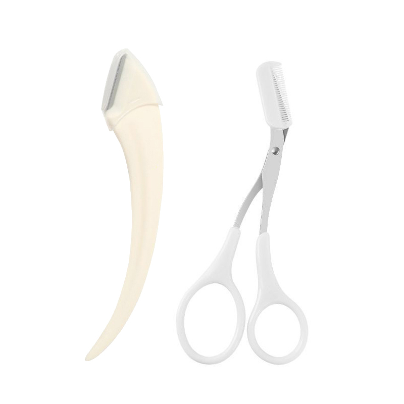 El más cuchillo para recortar cejas, maquinilla de afeitar para la cara para mujeres, tijeras profesionales para cejas, peine, recortador de cejas, raspador, accesorios: Beige