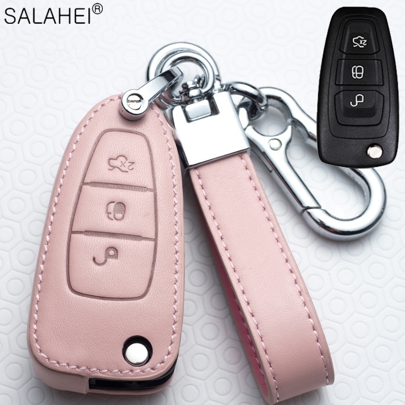 Porte-clés de voiture en cuir, porte-clés, pour Ford Fiesta Focus 3 4 ST Mondeo Ecosport Kuga Ranger c-max s-max: E-pink