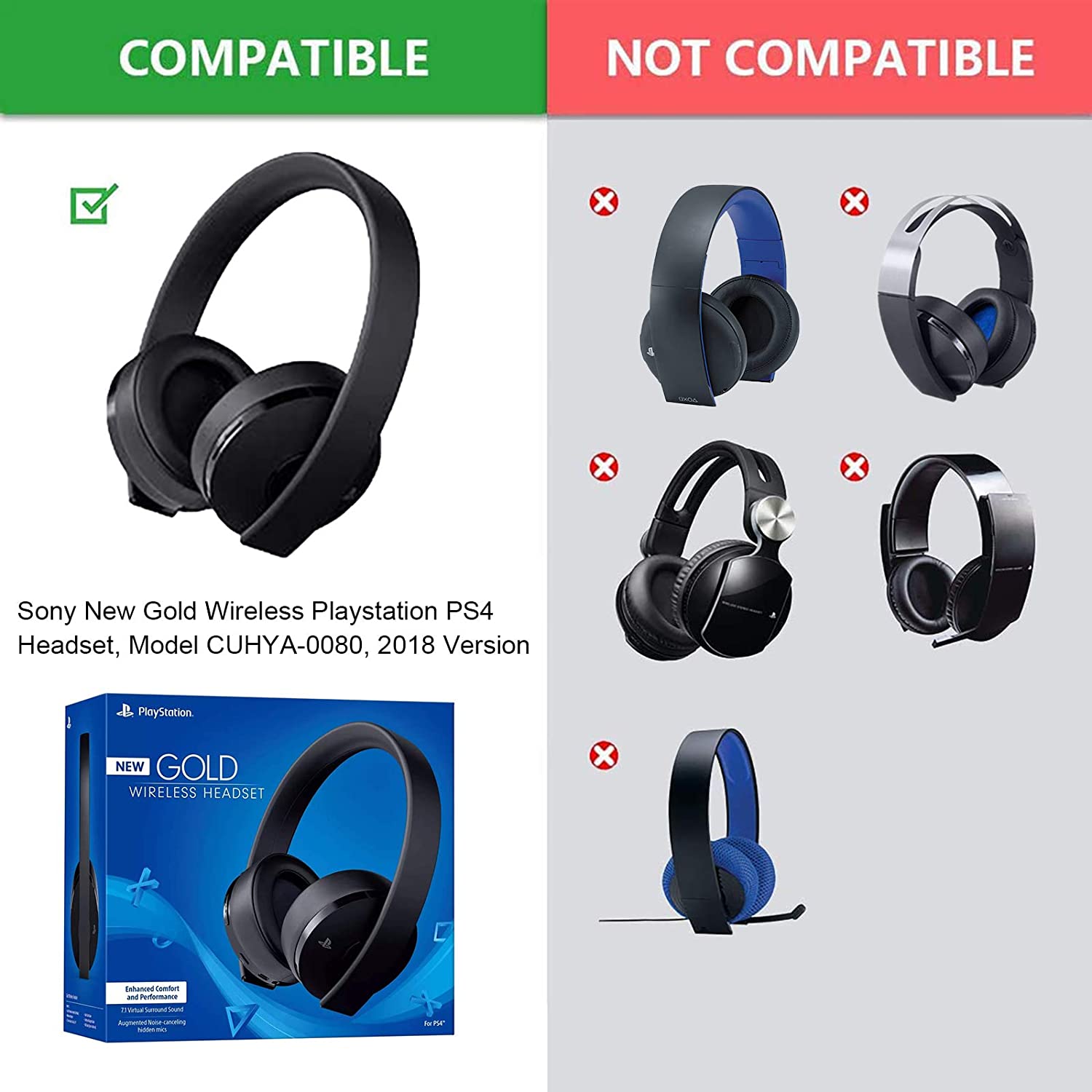 Udskiftning, ørepuder kompatible med sony gold trådløst playstation  ps4 headset, version, model cuhya -0080