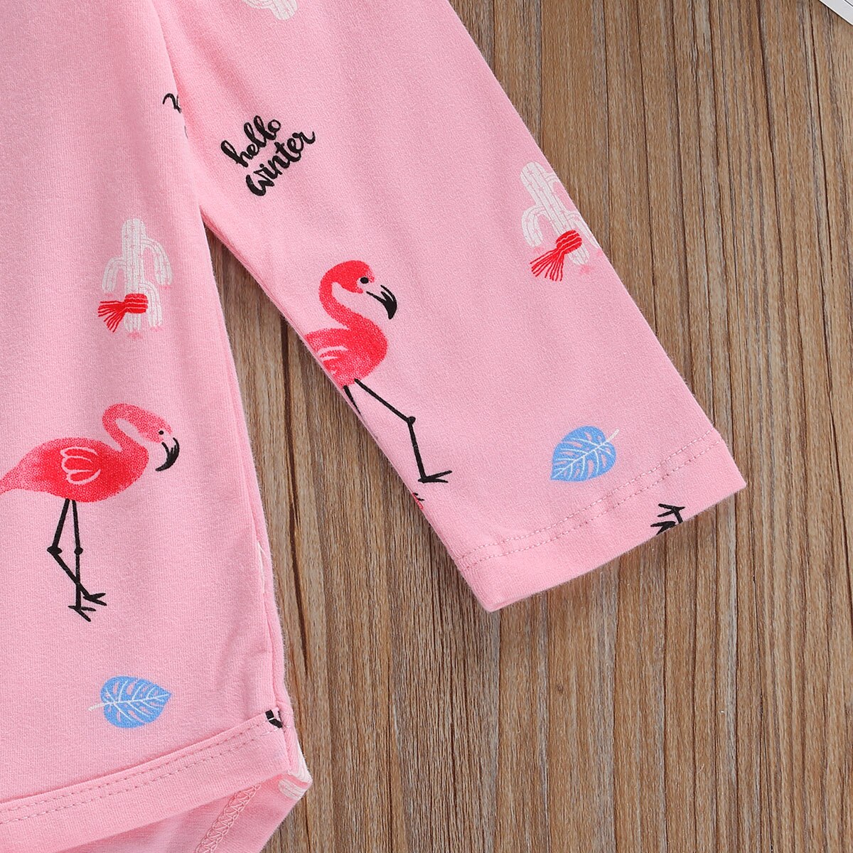 Spædbarn baby piger flamingo print romper småbørn langærmet rund hals tegneserie jumpsuit afslappet forår efterår legedragt