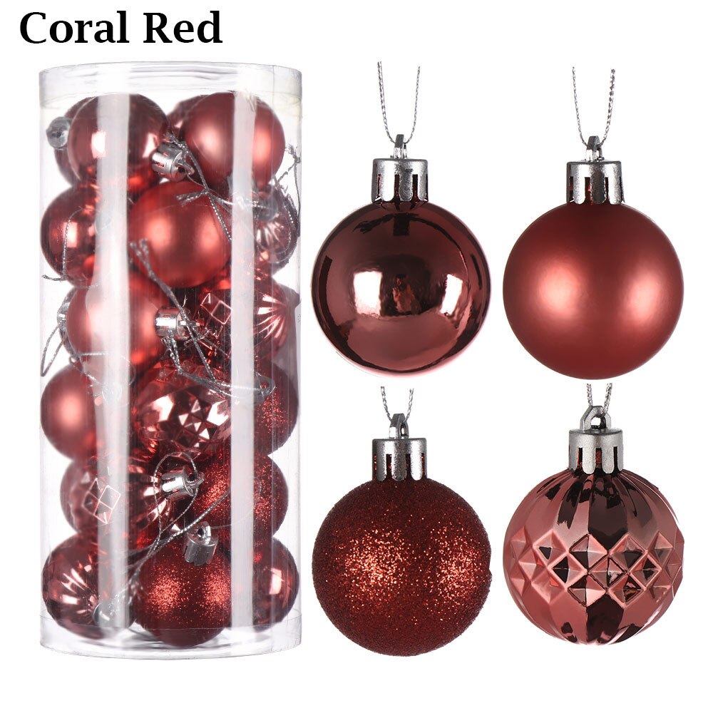 24Pcs 4cm Gold Pink Champagne Red Metallic Christmas Balls Year Christmas Tree Hanging Balls Xmas Home Decor: Coral Red