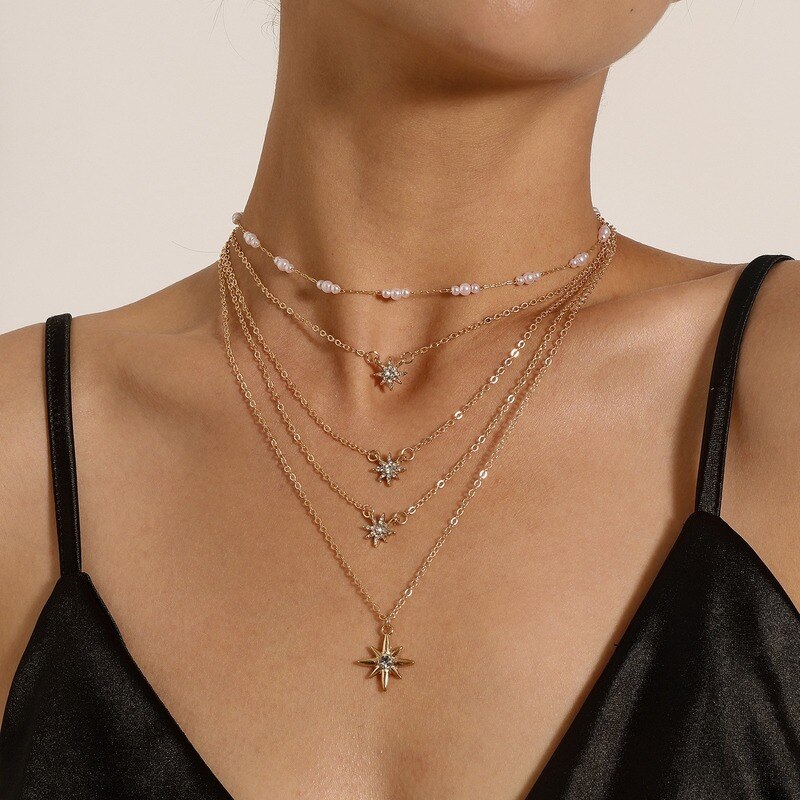 Strass Ketting Vrouwen North Star Hanger Kettingen Vrouw Chain Sieraden Dames Liefhebbers Gelaagde Goud Kleur Party Metalen Collares