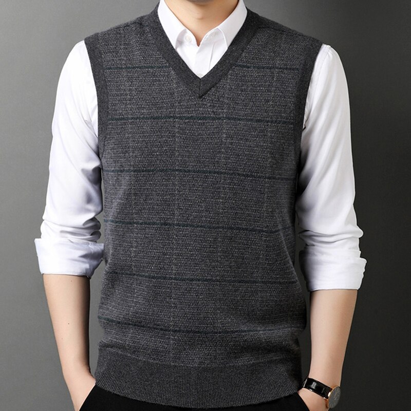 Gilet tricoté sans manches à col en V pour homme, – Grandado