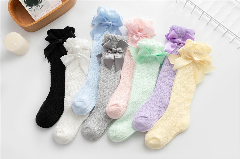 Calcetines hasta la rodilla con lazo para bebé y niño, medias caladas de estilo real, colores caramelo, Verano