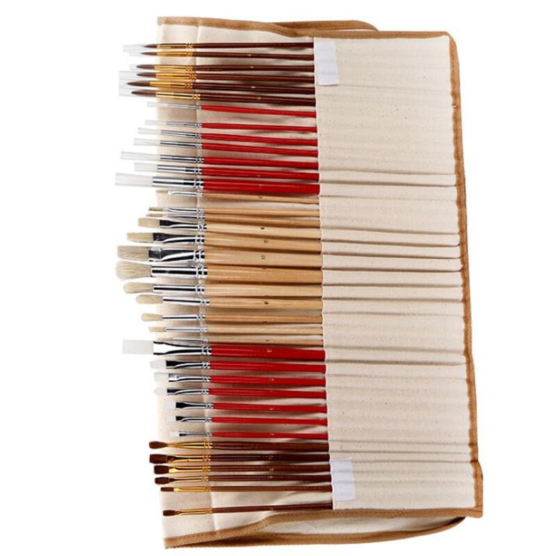 38 stuks Penselen Set Met Canvas Tas Voor Olie Acryl Aquarel Lange Houten Handvat Multifunctionele Borstel Kunst Levert