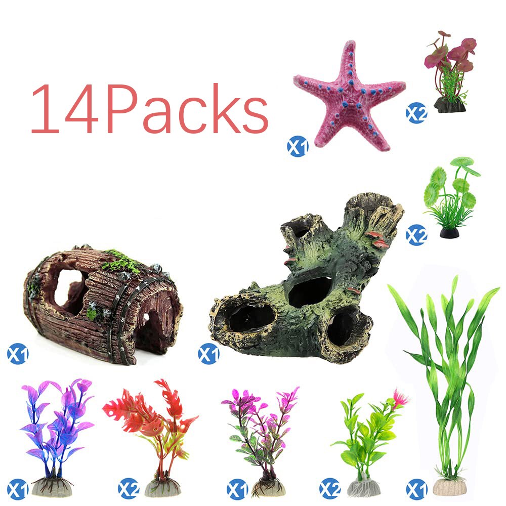 14 Packs Aquarium Decorations Fish Tank Accessories Plants Fish Tank Decor Kit with Artificial Plants and Hideouts Ornaments: Default Title