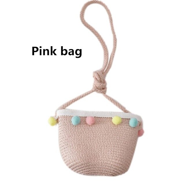 Zomer Reis Stro Hoed Voor Meisjes Prinses Kids Kind Geweven Rand Bloemen Zonnehoed En Tas Sets Voor Outdoor: Bag pink