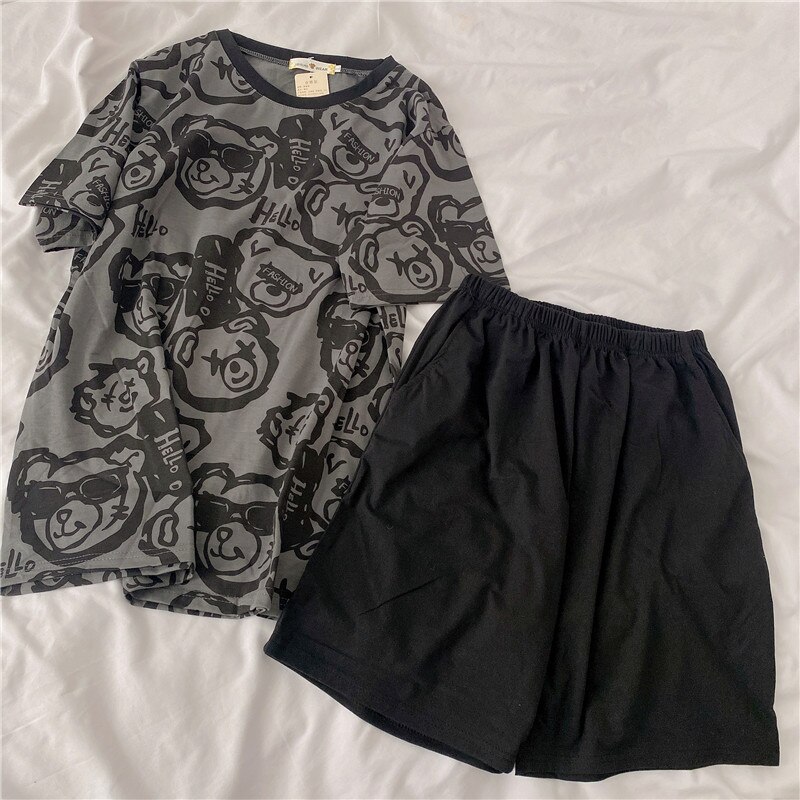 Summer Pajamas Women's Cotton Short-sleeved Sleepwear Lovers Bear Round Neck Cute Men And Women Homewear Thin Cotton Suit: KMFmen / L