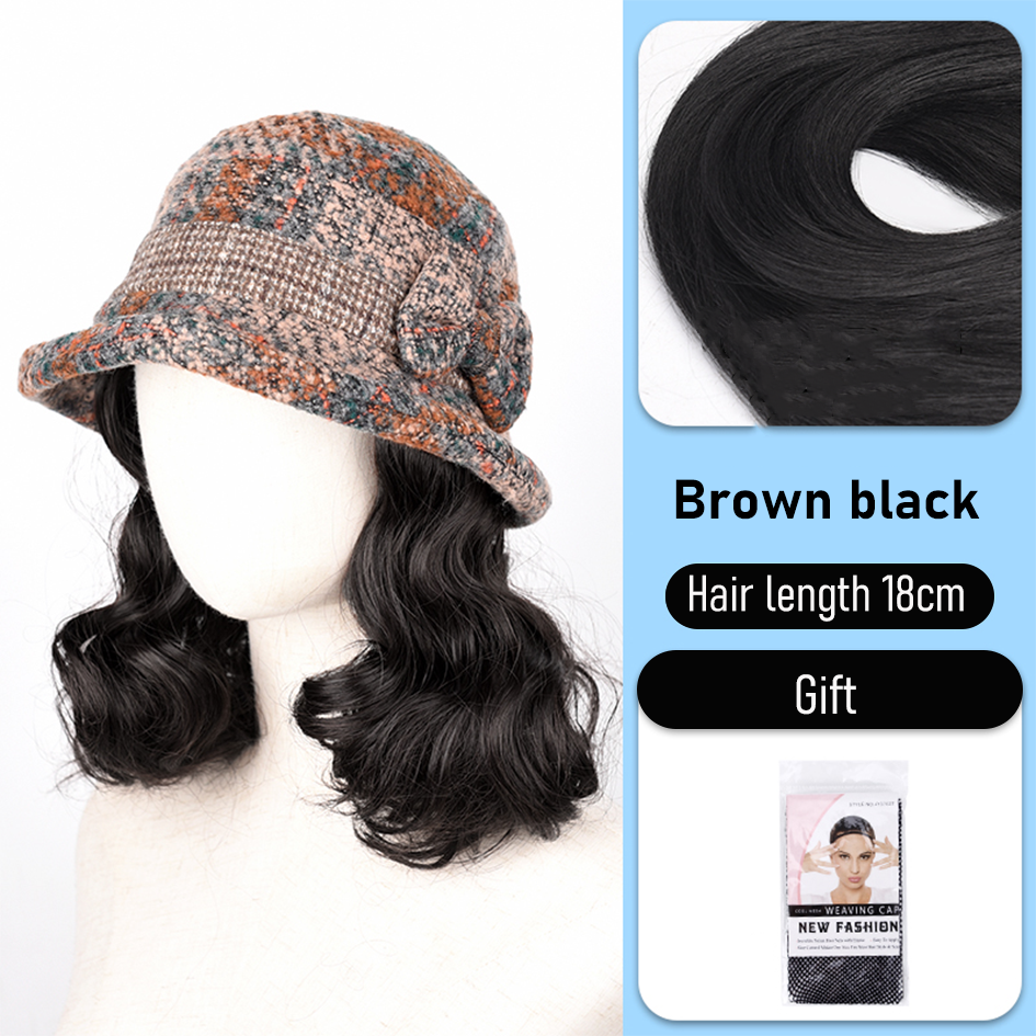 Synthetic 6inch plaid fisherman hat short curly hair wig brown princess curly roo cold warm horse roll Christmas: #613
