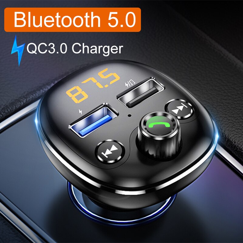 Modulador FM negro con Bluetooth 5,0, Chip QC3.0, Cargador rápido, USB Dual, TF, U Disk, reproductor de música, Kit de manos libres para coche