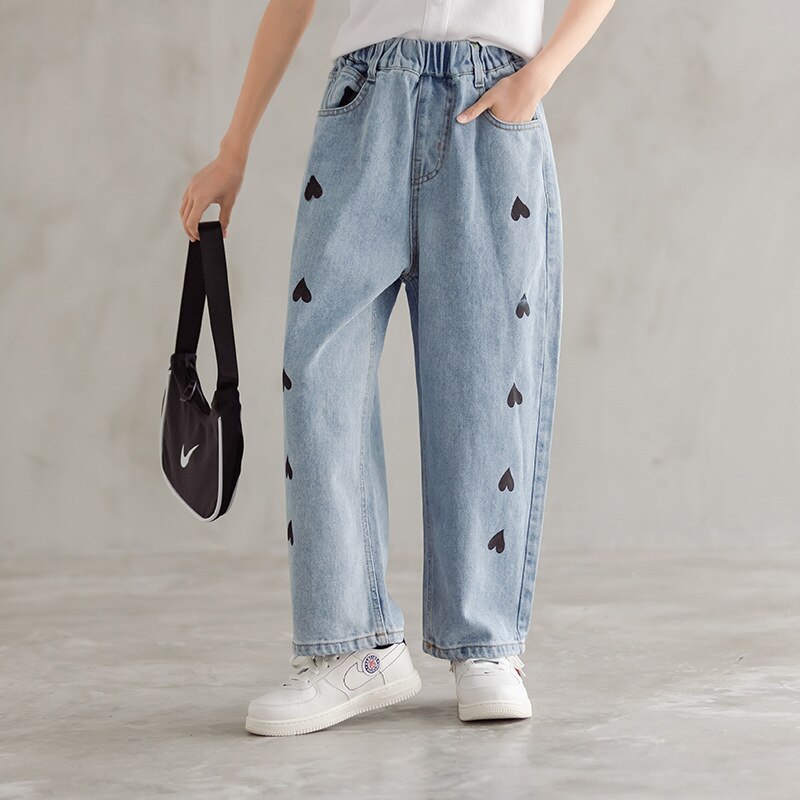 Pantalones vaqueros de pierna ancha para niñas, Jeans rectos de algodón, holgados, con corazones, ropa para Niñas Grandes: pants / for 120cm