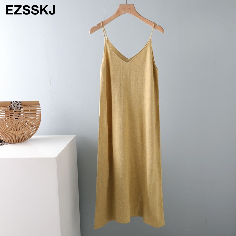 Chic a-line basic forår sommer kjole stropløs strikkjole kvinder løs camisole oversize lang kjole kvinde strik maxi kjole: Gul