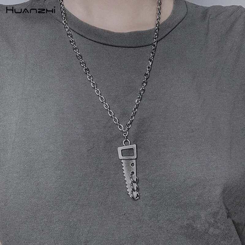 HUANZHI Minimalist Punk Titanium Steel Hip Hop Letter Rectangle Round Pendant Metal Necklace for Women Men Couple: 18