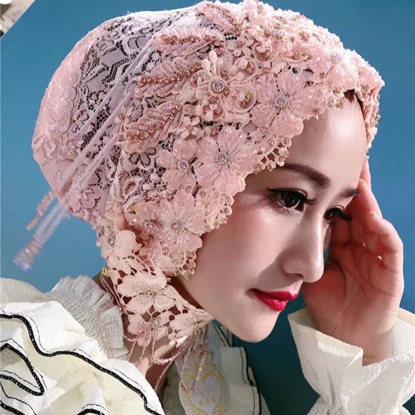 Boutique Handwork Muslim Bride Lace Wedding Party Hijabs Caps 2pcs/set