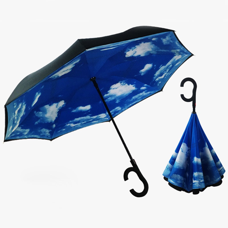 C Handvat Reverse Opvouwbare Paraplu Man Vrouwen Zon Regen Auto Semi-Automatische Paraplu Dubbele Laag Anti Uv Self Stand Parapluie