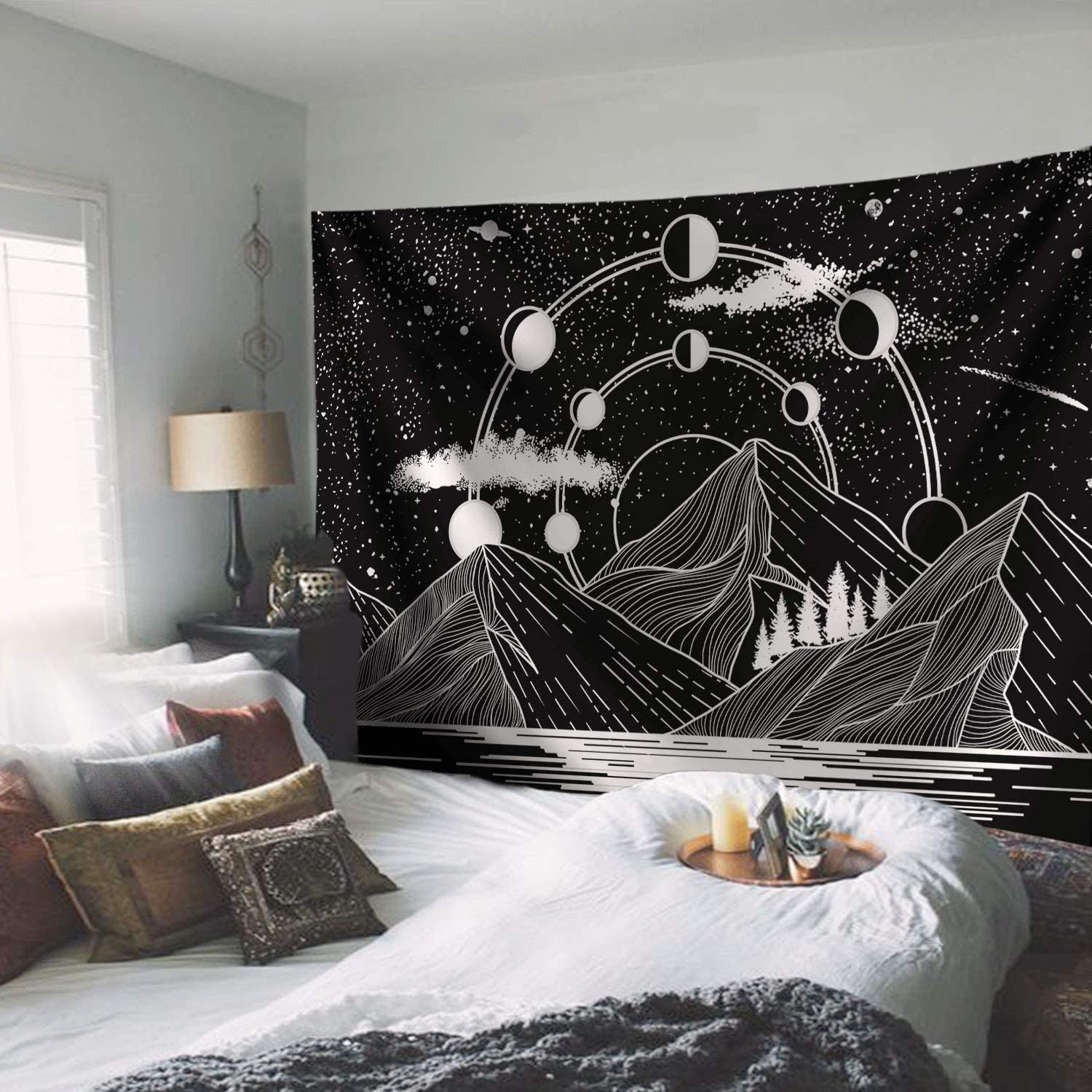 Mountain Moon Stars River Black and White Art Tapestry Wall Hanging Blanket Home Decoration Aesthetic Bedroom House Decor
