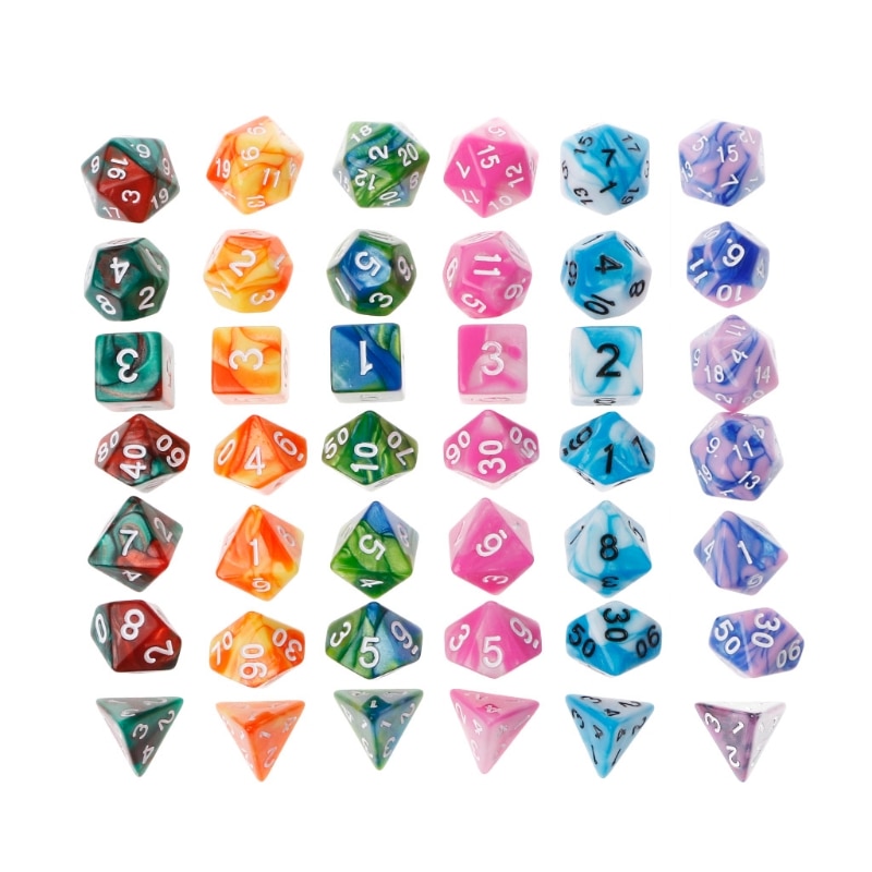 7pcs/set Polyhedron 2-color D&amp;D Dice with Marbled Effect D4 D6 D8 D10 D10% D12 D20 Black Red Blue Color Clear Playing Dice 27RD