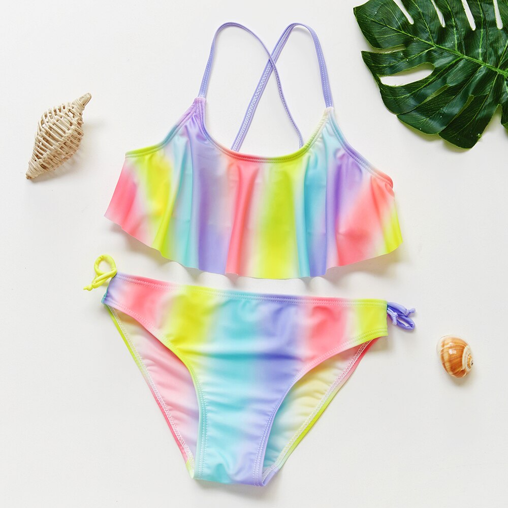 5-14Y Teenager Mädchen Badeanzug Zwei stücke freundlicher Biniki einstellen Regenbogen stil Mädchen Schwimmen Outfit freundlicher Bademode badeanzug: 5-6Jahre