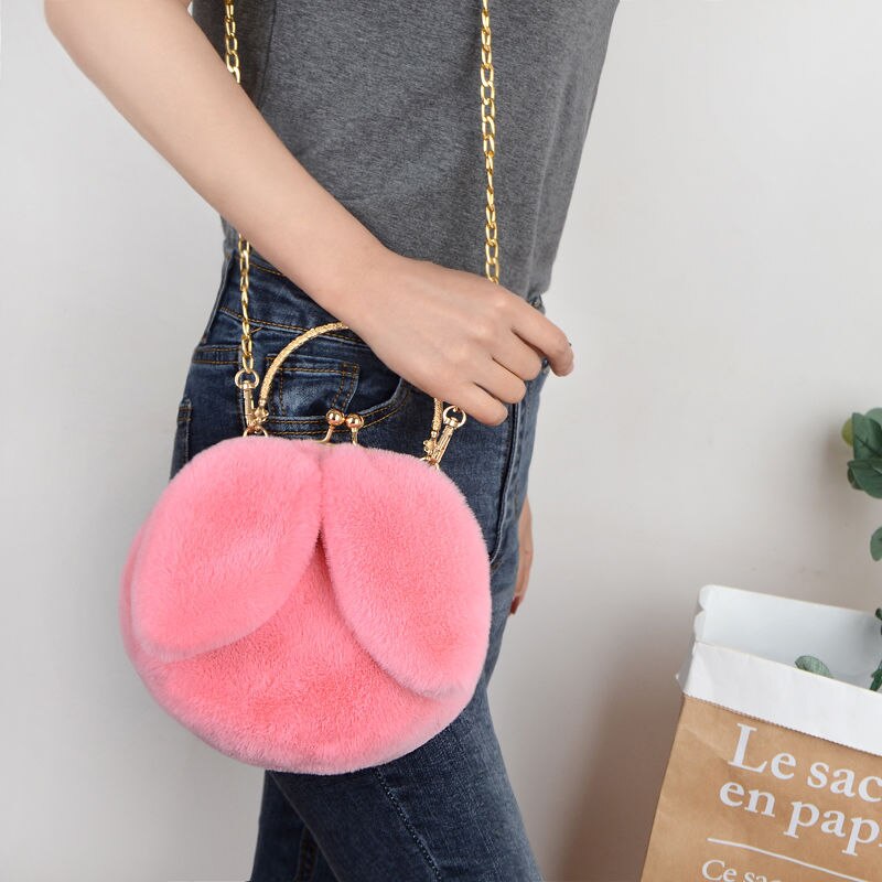 Faux Fur Rabbit Ears Plush Kawaii Round Bag Shoulder Crossbody Bags Women Chain Messenger bag Ladies Solid Furry Handbag: Pink C