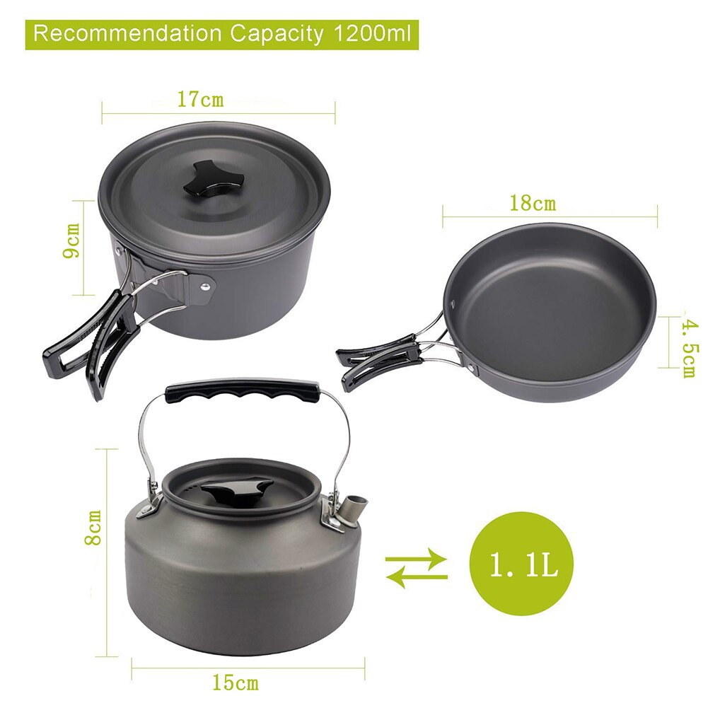 3pcs/Set Camping Hiking Cookware Utensils Ultra-light Aluminum Alloy Outdoor Cooking Teapot Picnic Tableware Kettle Frying Pan: Black