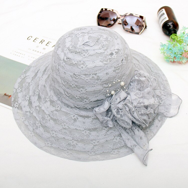Ladies Women Casual Beach Organza Lace Wide Brim Kentucky Derby Sun Hat Wedding Tea Party Church Cap: Gray