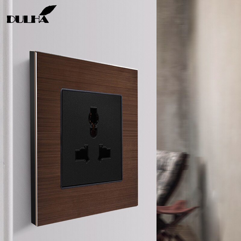 EU UK US Universal 3-Pins/hole Wall Socket, Multifuncational 3 Pins Electrical Plug Power Outlet, Luxury Brushed Aluminum Panel